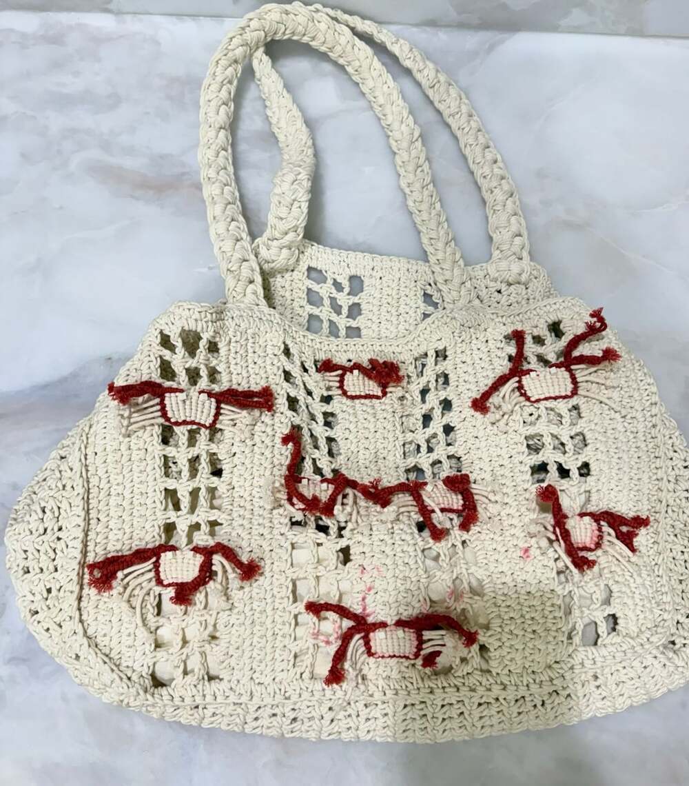 Handcrafted Crocheted Crab Beach Tote Bag with Cream Lining